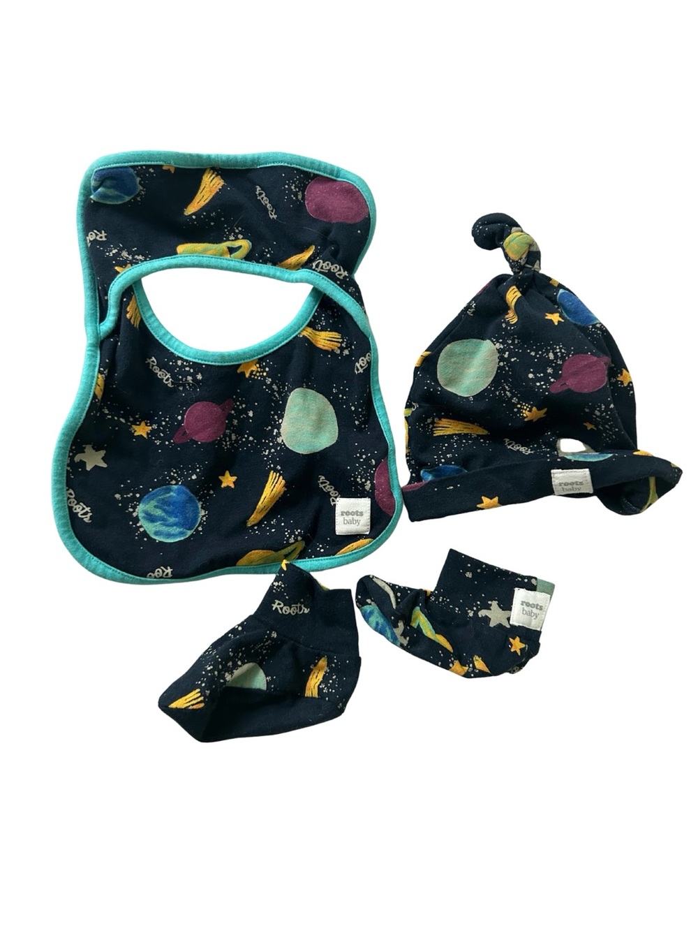 Roots Baby Space Print Bib, Hat & Booties with Teal Trim